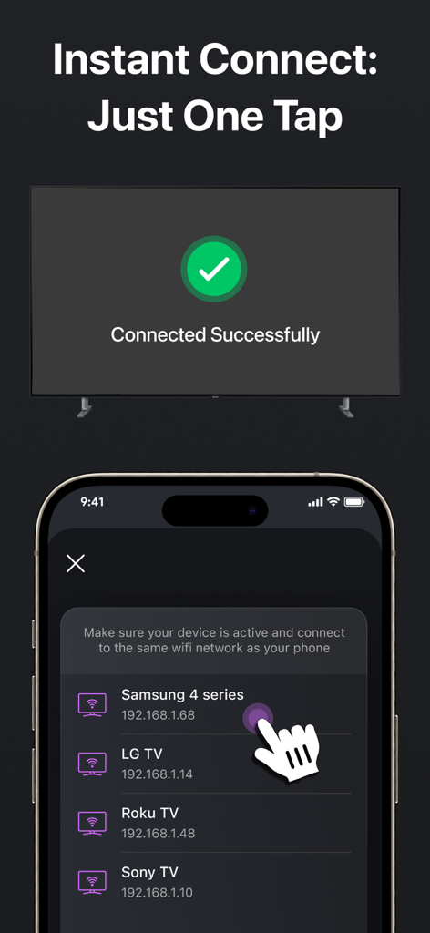 Un'interfaccia per smartphone che mostra un elenco di smart TV a cui connettersi con un messaggio di connessione riuscita sullo schermo della TV