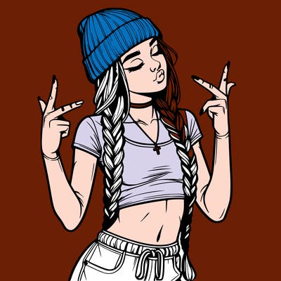 realistic teenage girl with braids and a beanie and crop top doing 🫶🏼