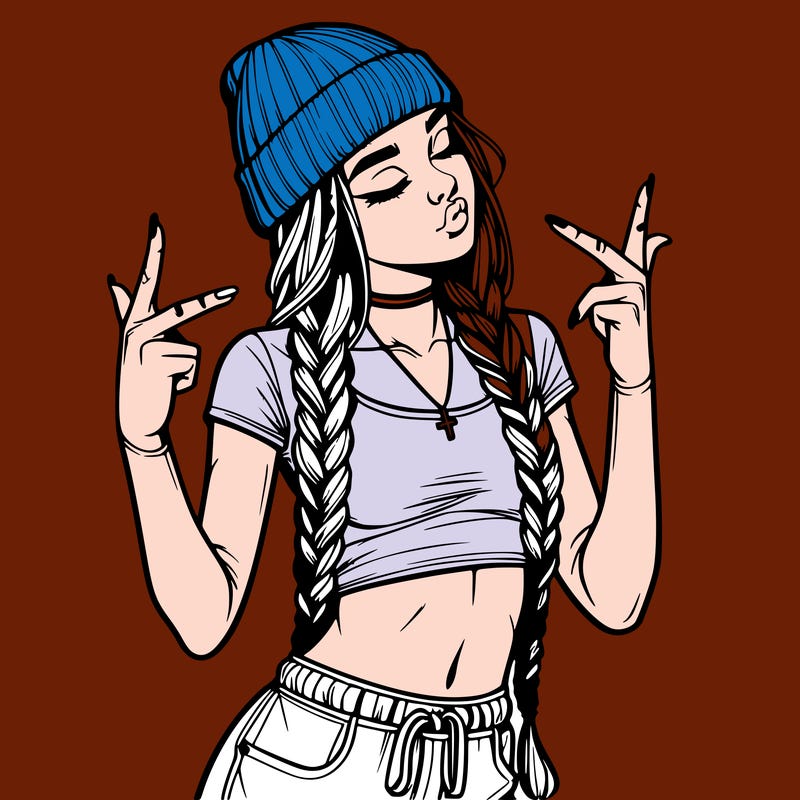 realistic teenage girl with braids and a beanie and crop top doing 🫶🏼