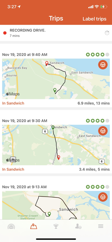 Marmalade Insurance - Marmalade Insurance app interface displaying a list of recorded driving trips with maps and safety star ratings.