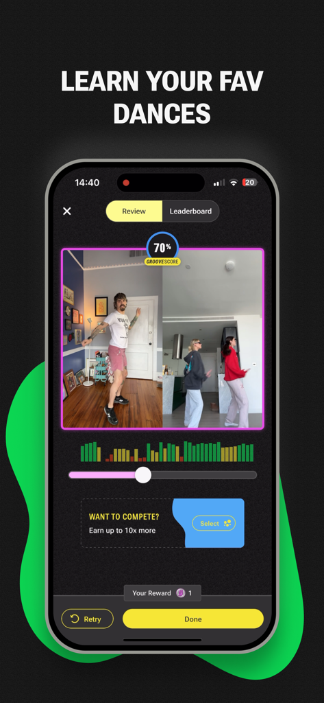 Groovetime - Social Dance Game - Pantalla de revisión de baile de la aplicación Groovetime que muestra una puntuación de Groovescore del 70 por ciento.