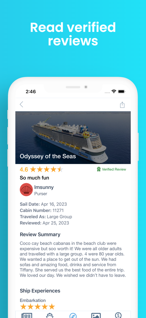 Shipmate: Plan & Track Cruises - Shipmate app screen displaying a verified user review for the Odyssey of the Seas cruise ship
