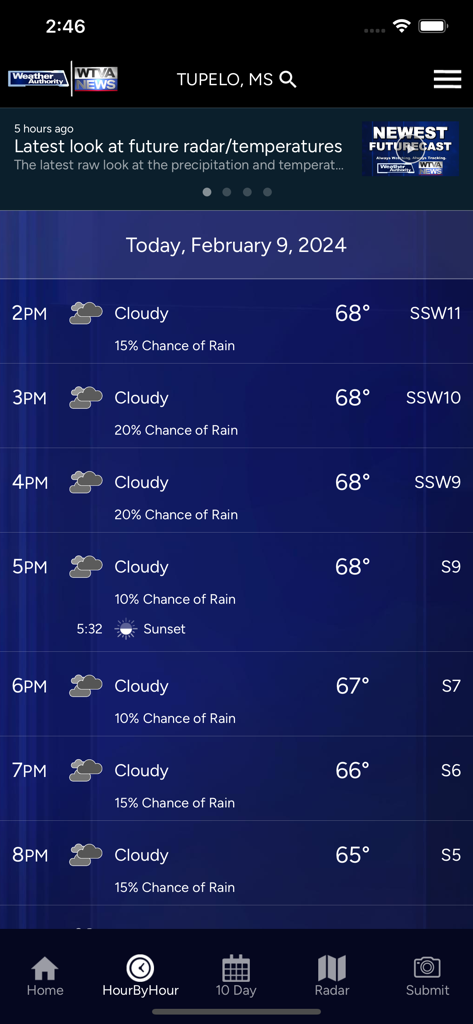 WTVA Weather app interface showing an hourly forecast for Tupelo Mississippi including temperature wind speed and cloud cover
