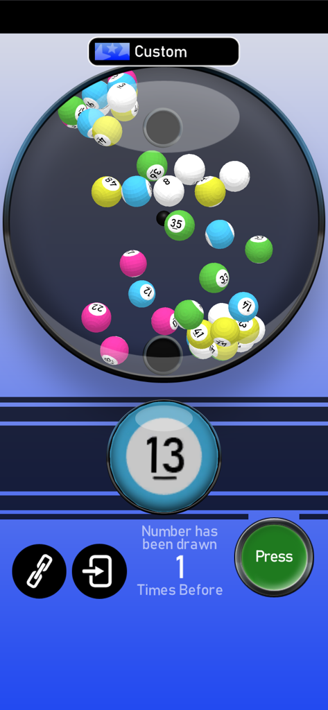 A 3D lottery ball machine interface from the Lotto 3D app displaying a drawn number