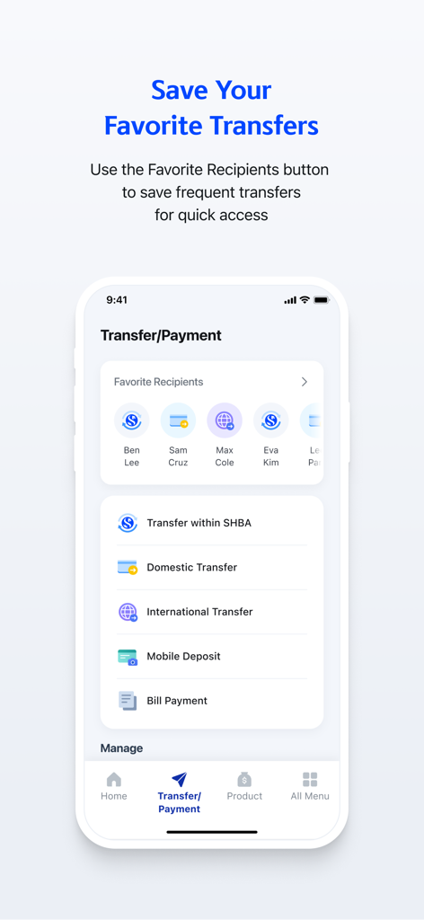Shinhan Bank America - Shinhan Bank America mobile app Transfer and Payment screen displaying favorite recipients and transfer options like Domestic and International