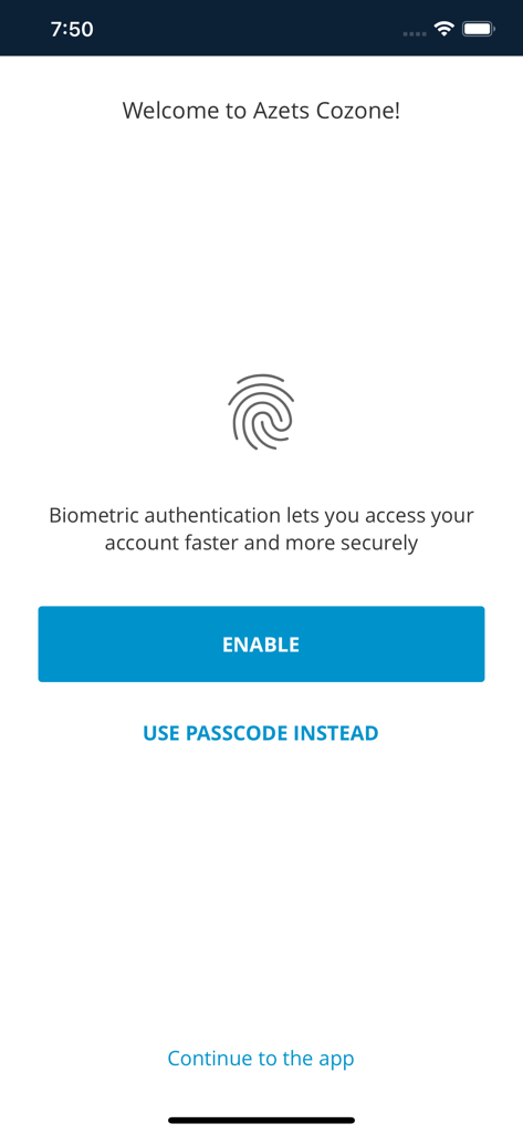 Welcome screen for the Azets Cozone mobile app prompting users to enable biometric authentication for secure account access