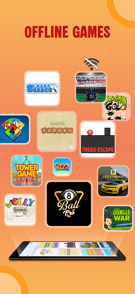 No Wifi Games: Play offline - 모바일 화면에 표시된 스도쿠 및 단어 검색과 같은 다양한 오프라인 게임.