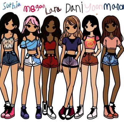 a group of girls wearing crop tops and shorts