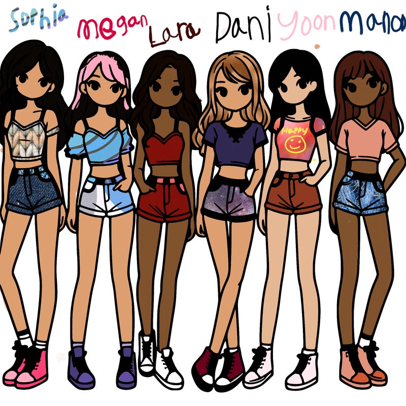 a group of girls wearing crop tops and shorts