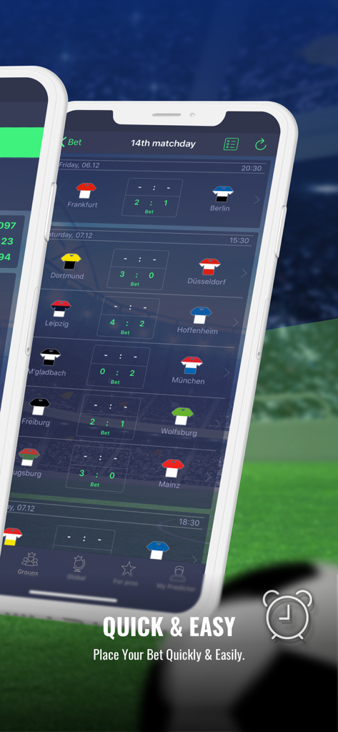 Predictor for Friends mobile app displaying soccer match prediction options