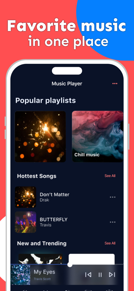 Music Player - Offline Songs - Interface de l'application Lecteur de musique affichant des playlists populaires et les chansons les plus écoutées en mode sombre