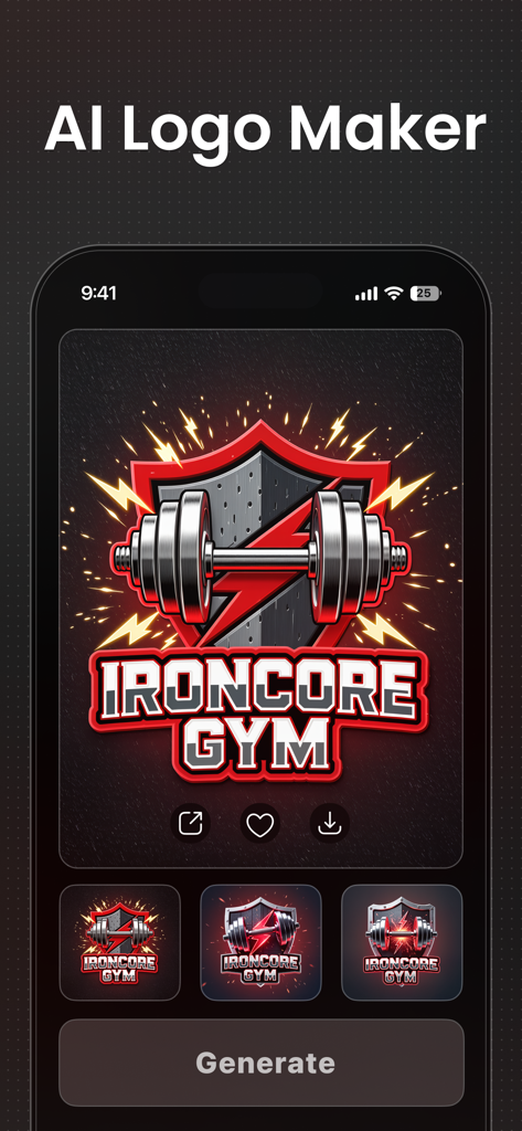 Logo Maker - Logo AI - Smartphone screen displaying an AI-generated gym logo for Ironcore Gym