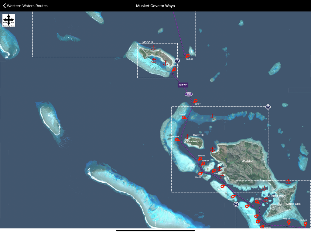 Satellite navigation map from the Sail Fiji app showing the cruising route between Musket Cove and Waya islands