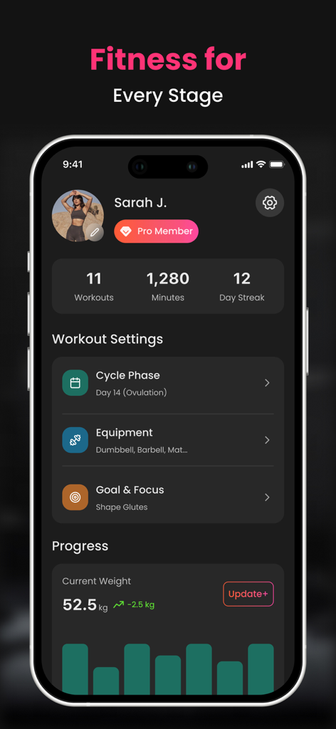 Gym Workout Planner | HerGym - HerGym mobile app dashboard showing user stats workout settings and cycle phase tracking