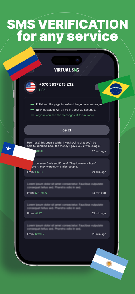 TextVerified - TextVerified app screen showing SMS verification for any service with a virtual US phone number and global flags