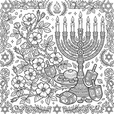 Immerse yourself in the beauty of Hanukkah with this exquisite coloring page, blending traditional symbols with the delicate charm of wild roses. Discover a peaceful and artistic way to celebrate the Festival of Lights.