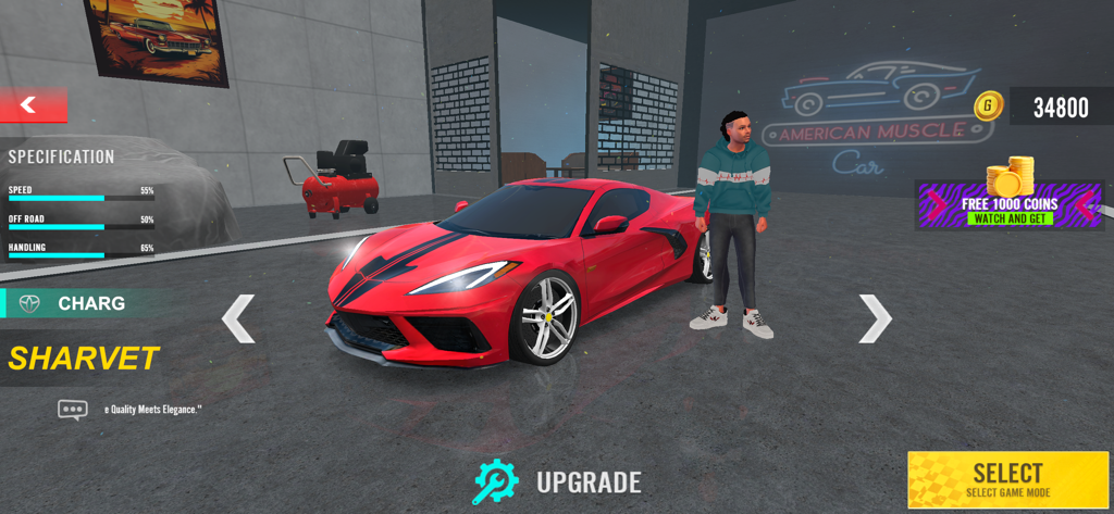 Car Modification Drift Race - Um carro esportivo vermelho em uma garagem de modificação com opções de menu do jogo para aprimoramentos e especificações