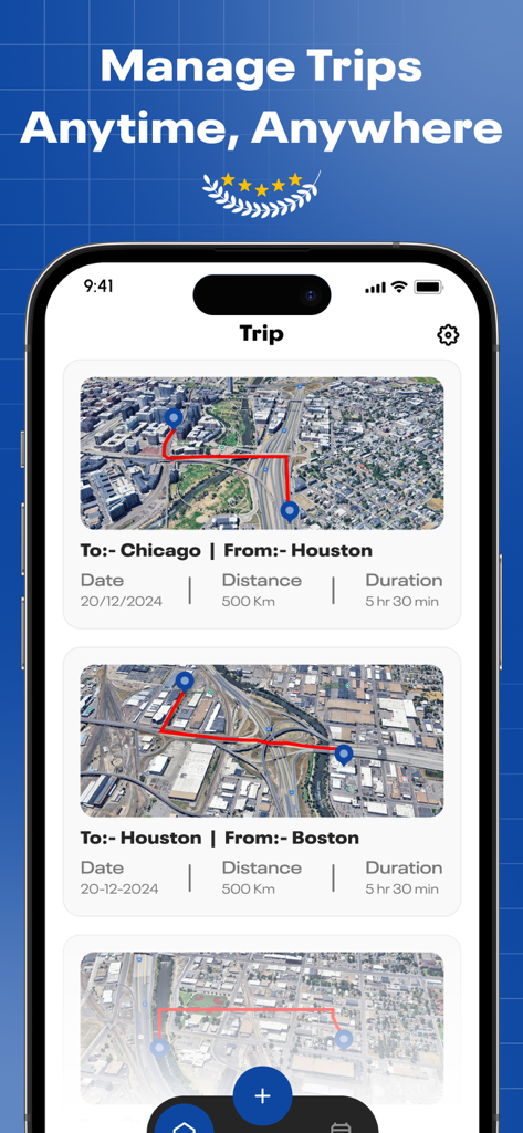 Smart Truck Route Nav - IFTA - Oberfläche der Smart Truck Route Nav App, die eine Liste verwalteter Fahrten mit Satellitenkarten und Routendetails anzeigt.