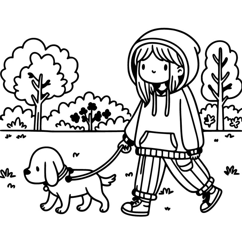 girl with a baggy hoodie walking her dog in a park