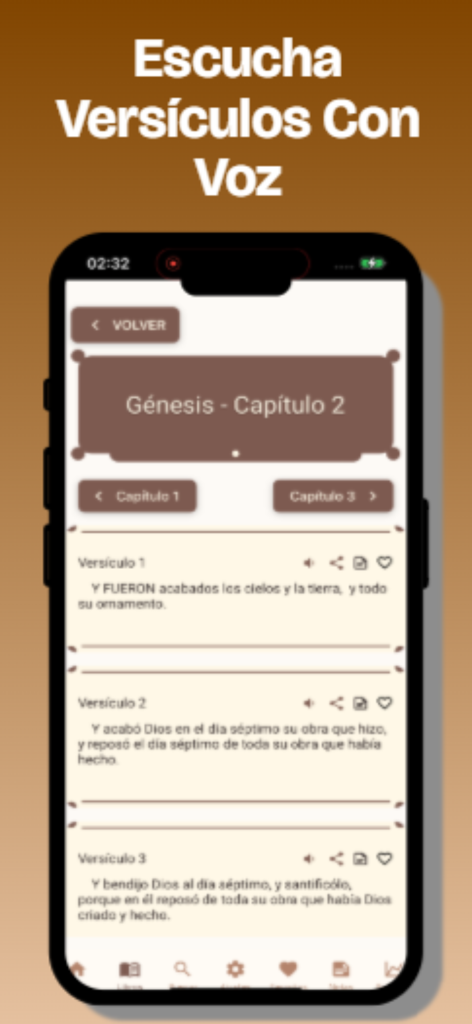Santa Bibliaのモバイルアプリインターフェース。創世記第2章が表示され、スペイン語の節のオーディオ再生オプションがあります。