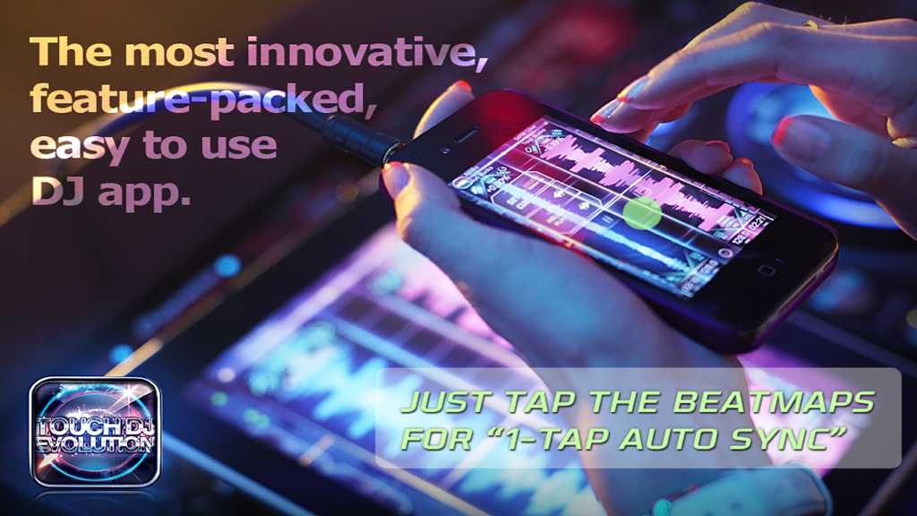 Touch DJ™ Evolution - Visual Mixing, Key Lock, AutoSync - A person using the Touch DJ Evolution app on an iPhone for visual music mixing with auto sync functionality