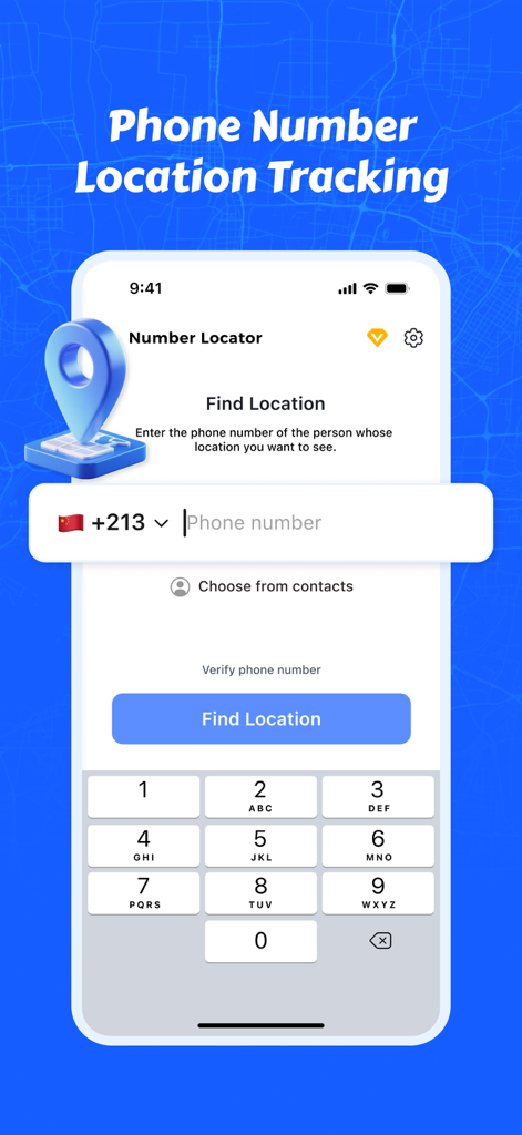 Interface do aplicativo Phone Tracker mostrando a tela de localizador de número para encontrar uma localização por número de telefone.