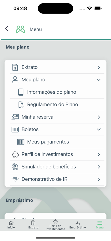 다양한 금융 및 연금 플랜 관리 옵션을 표시하는 Funpresp 앱의 메뉴 화면.