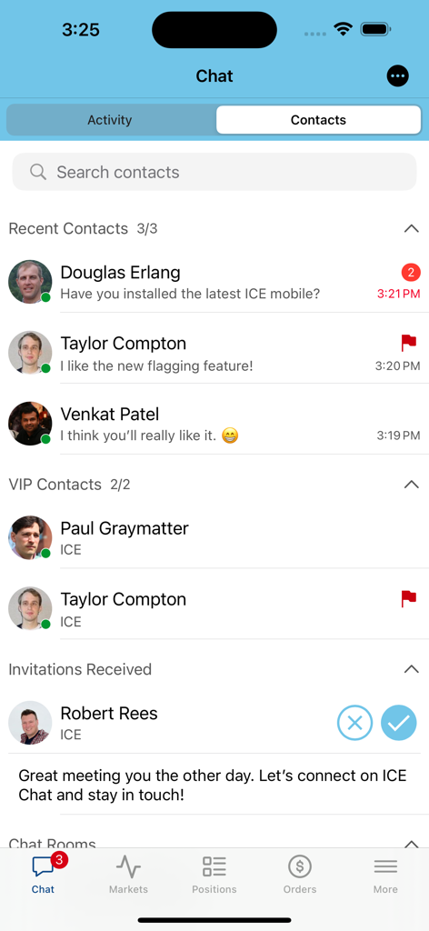 ICE mobile - Interface of the ICE Mobile app chat feature showing recent and VIP professional contacts