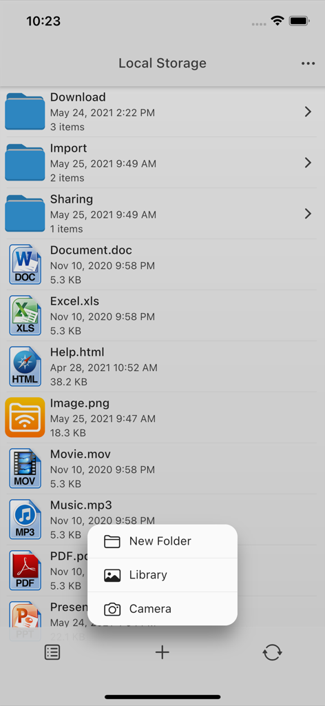 L'interface de l'application AirDisk affiche des dossiers et plusieurs types de fichiers, notamment des documents et des fichiers multimédias.