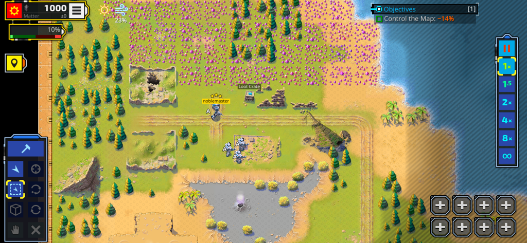 Retro Commander - Top-down gameplay view of Retro Commander RTS showing units on a post-apocalyptic map with coastal terrain and strategy interface.