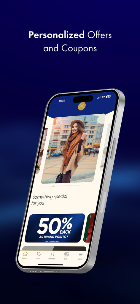 Smartphone screen displaying personalized retail offers and 50 percent back coupons in the Club Apparel loyalty app.