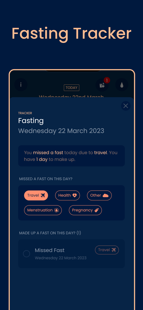 Pillars: Prayer Times & Qibla - Fasting tracker screen in the Pillars app showing missed fast logging options