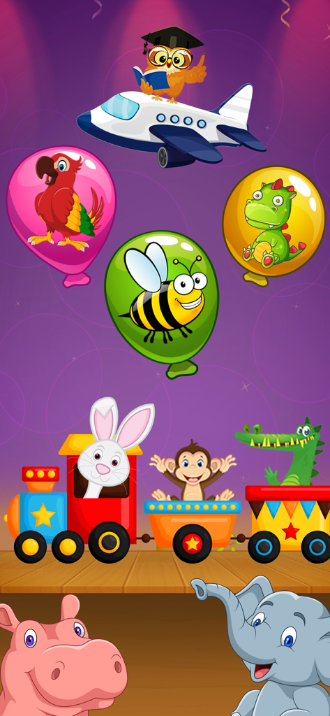 Balloon pop - toddler games - Animales de dibujos animados coloridos con globos y un tren de juguete en un juego educativo para niños pequeños