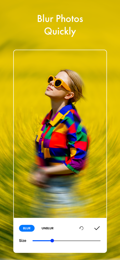 Blur Photo Background Effects - Tela de edição do aplicativo Blur Photo mostrando uma mulher com efeito de fundo desfocado e ferramentas manuais