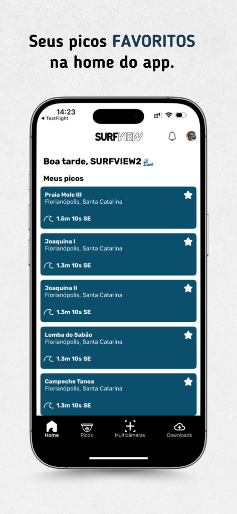 Écran d'accueil de l'application SurfView affichant une liste de spots de surf favoris avec des données sur la hauteur des vagues et la houle en temps réel