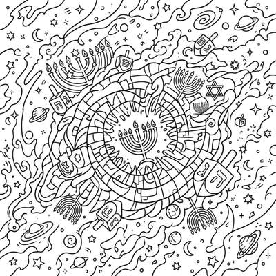 Unite the majesty of the cosmos with the joy of Hanukkah in this stunning coloring page featuring the Helix Nebula. Adorned with menorahs, dreidels, and celestial wonders, it offers a truly unique artistic experience for all ages.
