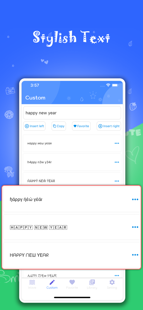Fancy & Stylish Text - Interfaz de la aplicación Fancy and Stylish Text que muestra diferentes variaciones de fuentes para la frase feliz año nuevo