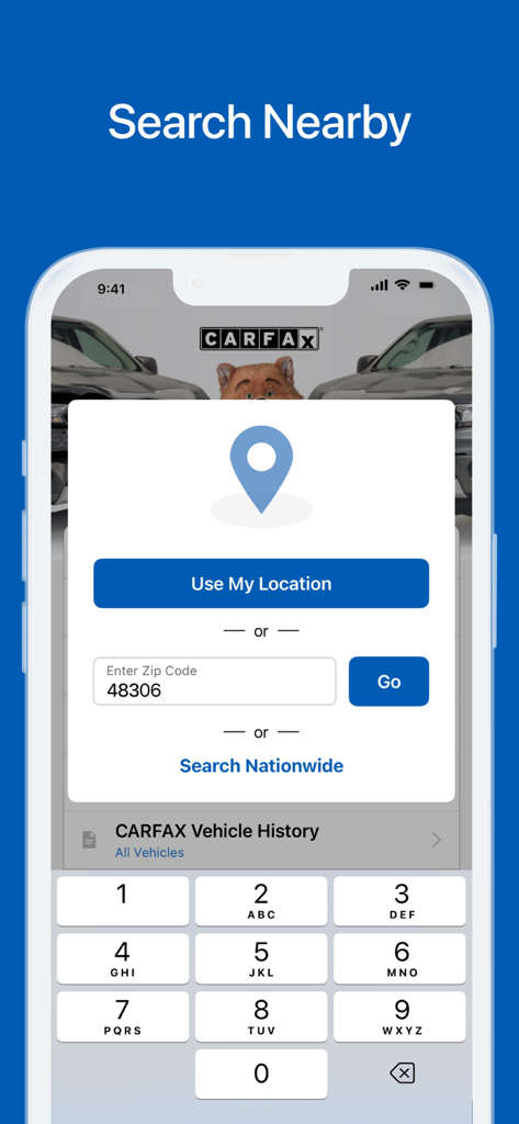 CARFAX - New & Used Cars - CARFAX app screen showing options to search for cars by location or zip code