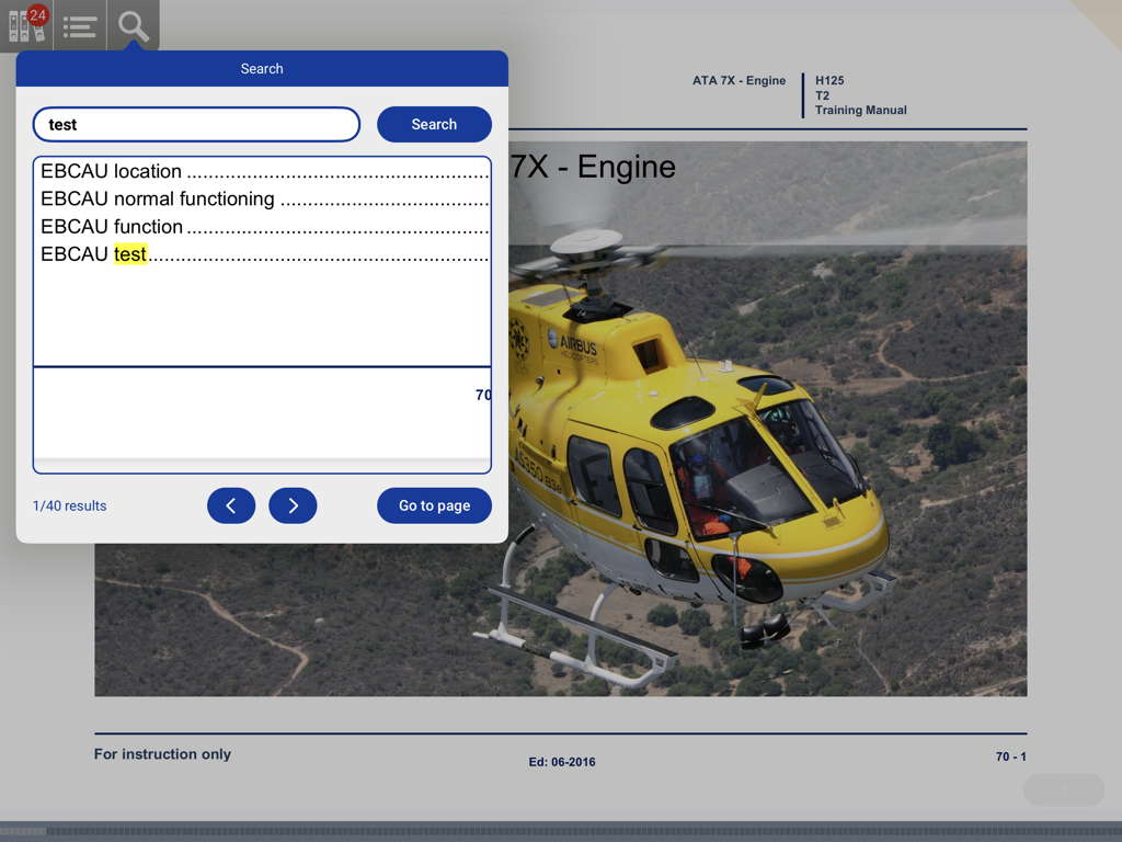 Search interface within the Airbus Training Manuals app displaying results for engine components on an H125 manual page