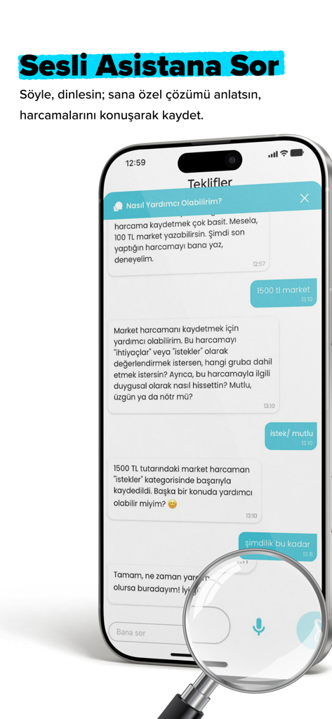 A mobile interface of Monay app showing a voice assistant chat where a user logs a grocery expense and records their emotional state.