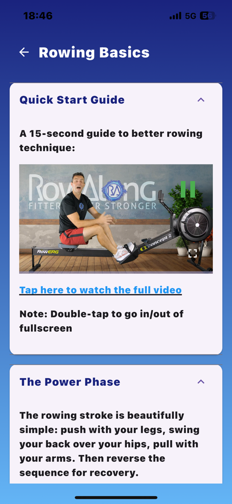 The RowAlong App - Rowing Basics screen in The RowAlong App featuring a quick start video guide and technique instructions for the power phase.