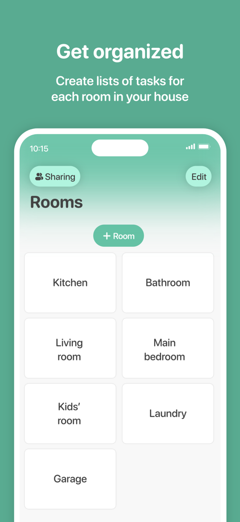 Spotless: A simply clean home - Interfaz de la aplicación Spotless que muestra casillas para diferentes habitaciones como Cocina, Sala de estar y Lavadero para organizar tareas del hogar