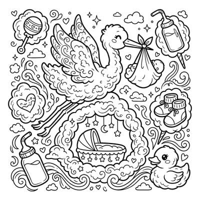 Prepare for new arrivals with this enchanting baby shower coloring page, beautifully blending whimsical cotton candy motifs with classic baby essentials. Dive into a delightful world of storks, cradles, and sweet details, perfect for celebrating life's sweetest moments.