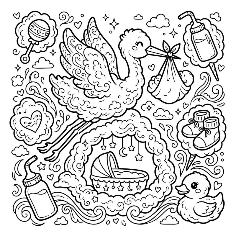 Prepare for new arrivals with this enchanting baby shower coloring page, beautifully blending whimsical cotton candy motifs with classic baby essentials. Dive into a delightful world of storks, cradles, and sweet details, perfect for celebrating life's sweetest moments.