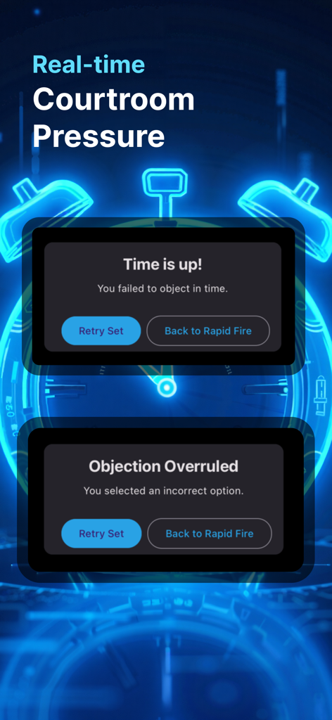 Objection Academy app screen showing real-time courtroom pressure and objection practice results