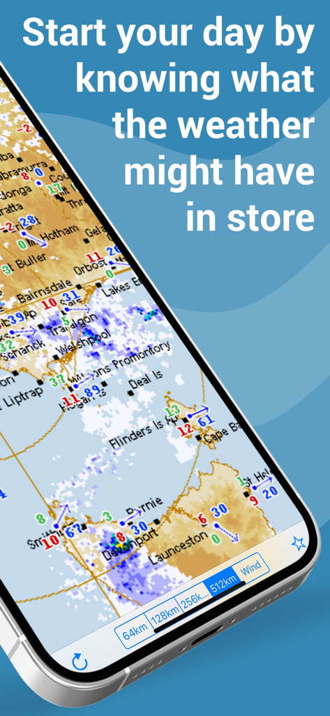 Rain Radar Australia - Weather radar map of Australia on a smartphone screen showing rain and wind patterns