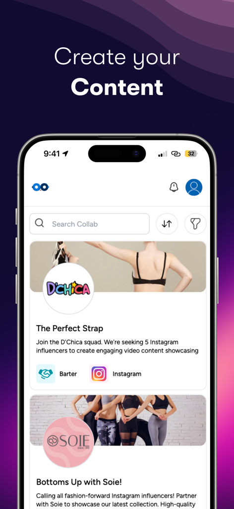 Infloso - Inflosoアプリのダッシュボード。ソーシャルメディアコンテンツクリエイター向けのブランドコラボレーションと物々交換の機会を表示しています。