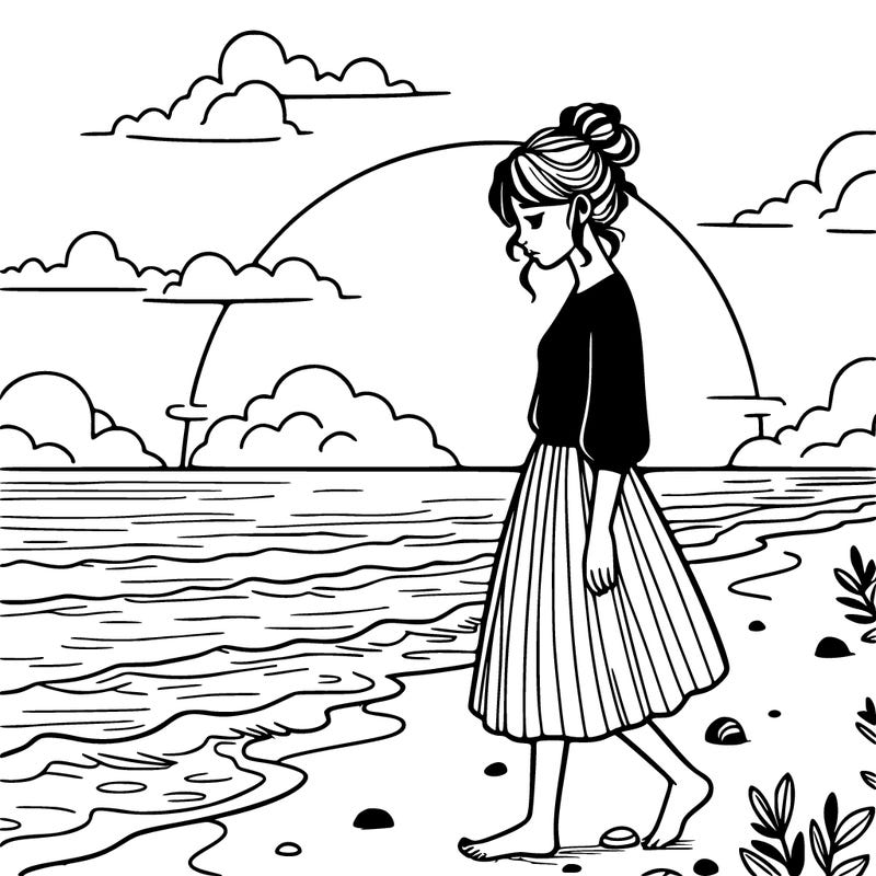 summer sunset with realistic tall woman walking sad