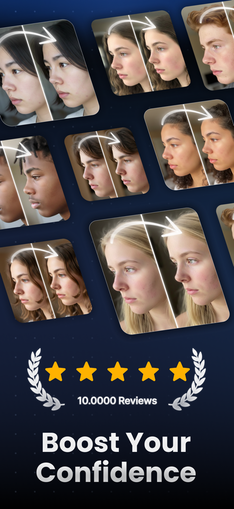 Collage de photos de profil de remodelage de nez par IA avant et après avec cinq étoiles