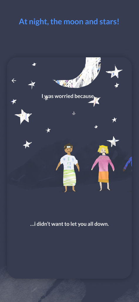 Worrydolls app screenshot featuring hand drawn characters under a starry night sky